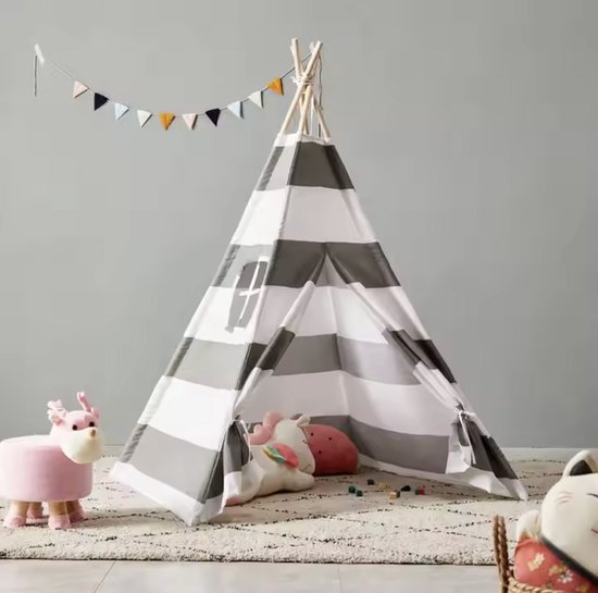 Honeybears tipi tent kinderen – Tipitent met stokken, grijs met wit – Speeltent kinderen – Wigwam speel tent – Tipi met ramen - 120x120x160cm van Honeybears