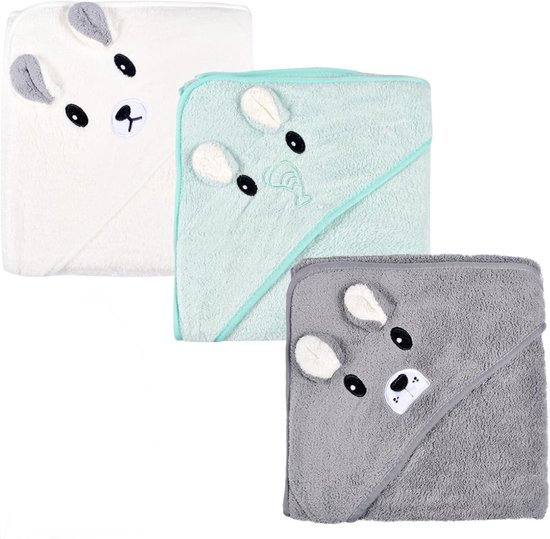 Hooded towel - set of 3 - 105 x 105 cm - 0-8 years - baby bath towel set - soft - super absorbent - cute unisex patterned hooded towel - children's bath towel - baby hooded cape - quick-drying bath blanket van Merkloos