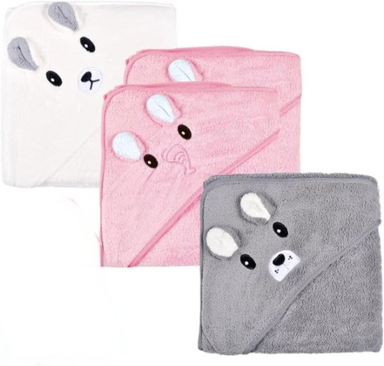 Hooded towel - set of 3 - 80 x 80 cm - 0-5 years - baby bath towel set - soft - super absorbent - cute unisex patterned hooded towel - children's bath towel - baby hooded cape - quick-drying bath blanket van Merkloos