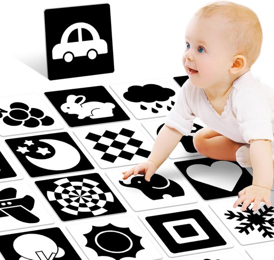 Hoog Contrast Babykaarten - Zwart-Wit Visuele Stimulatie Set · 20 Kaarten (40 Zijden) · 14x14 cm · Geschikt voor 0-3 Maanden · Sensorische Ontwikkeling Speelgoed