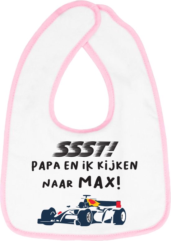 Hospitrix Slabbetje met Tekst  "SSST! Papa en Ik kijken naar MAX" Roze  - Kerstcadeau - Cadeau Zwangerschap - Baby Kwijldoek - Kwijllap - Morslap - Bavette - go max - Cadeau - Zwangerschap - Aankondiging -  Verstappen van Hospitrix