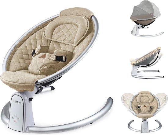 Hot Mom - Automatische Schommelstoel voor Baby’s - Elektrische Baby Wieg - Afstand bestuurbare Wipstoel - Vijf standen - Speel muziek af met Bluetooth - Stijlvol - 0-1 jaar - 60 x 70 x 55 cm - Beige van Hot