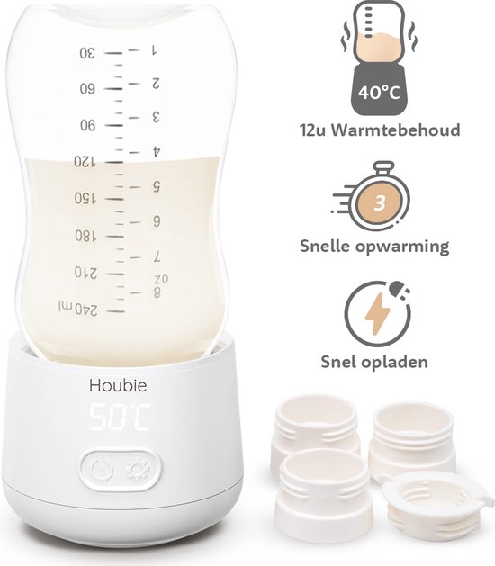 HOUBIE® - Flessenwarmer - Draagbare Baby Flessenwarmer voor onderweg - Flesverwarmer - 4 Temperatuurniveaus - Draadloos - Inclusief 4 Adapters - USB Oplaadbaar - 9000 mAh - Wit van HOUBIE