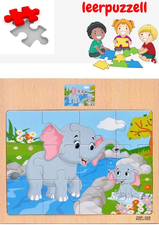 Hout  Puzzel van 12 stukjes -Legpuzzels - Dier-Olifant van Lobular.