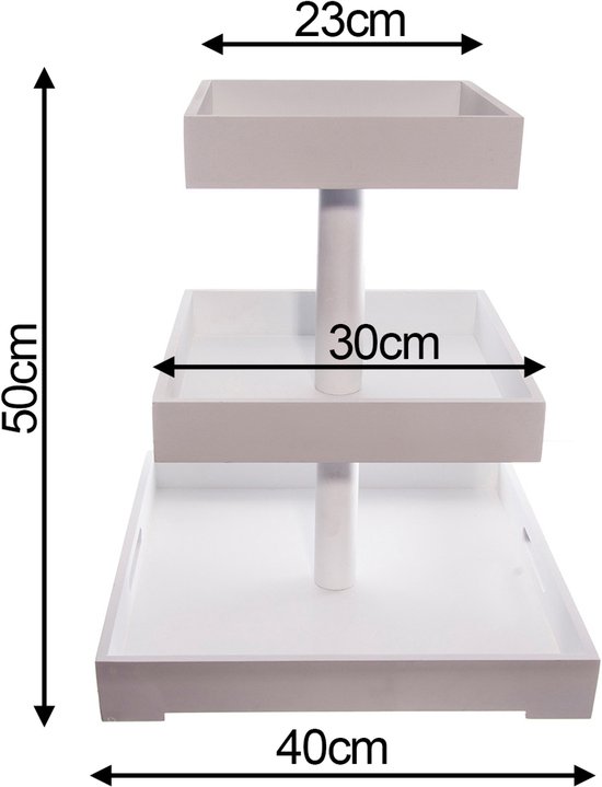 Houten 3-Laags Etagère – XXL Presentatiestandaard – 50 cm Hoog – Dienblad 40/30/23 cm – Wit Hout – Decoratie & Presentatie Mand van Merkloos