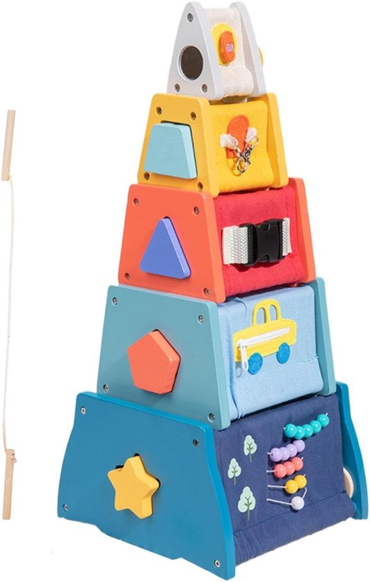 Houten Activiteiten Kubus - Leertoren Speelgoed - Motorische Vaardigheden Ontwikkelen - 5-Laags Stapelontwerp - 31 cm Hoog - Multicolor