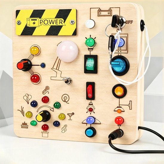Houten Activiteitenbord Met Led-verlichting - Montessori-speelgoed Met Schakelaars Voor Peuters - Zintuiglijk Interactief Bord Met Sleutels En Stekkers - Voor Het Trainen Van Fijne Motoriek En Hand-oogcoördinatie - Educatief Reisgeschenk