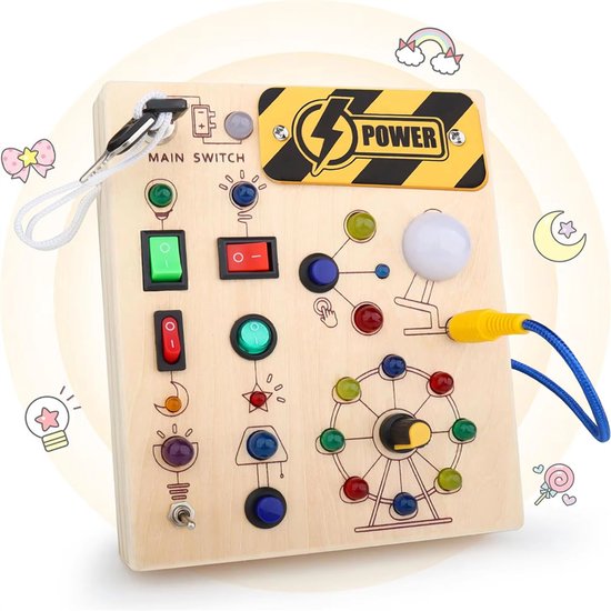 Houten activiteitenbord met ledverlichting, Montessori-speelgoed voor peuters, educatief bord met schakelaars, sensorisch leerspeelgoed, verjaardagscadeau voor jongens en meisjes van 1-4 jaar