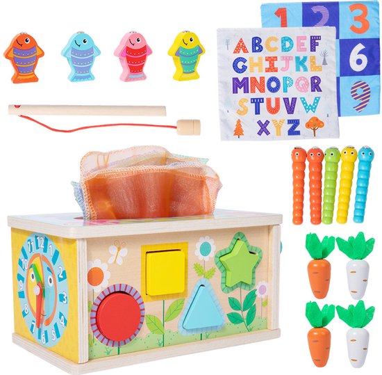 Houten activiteitenkubus, 6-in-1 motorisch speelgoed, leuke tissuebox, set speelgoed voor fijne motoriek, Montessori-speelgoed geschikt voor jongens en meisjes van Merkloos