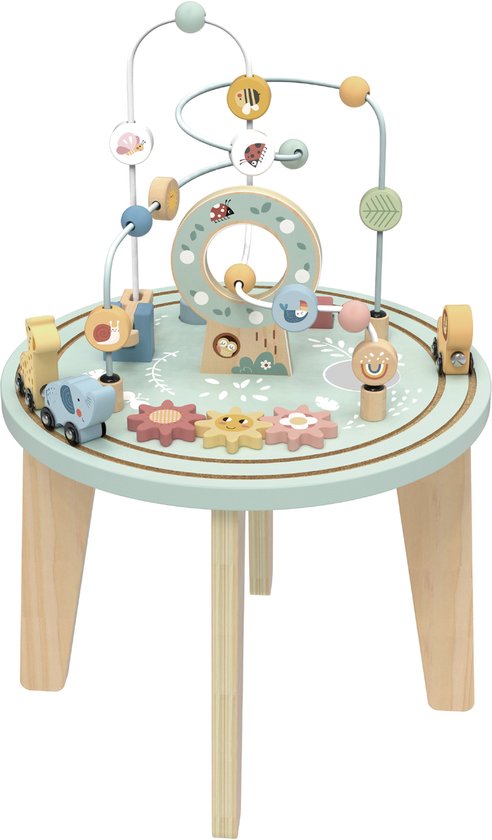 Houten Activiteitentafel voor Baby & Peuter – Motoriek Speeltafel met Kralenbaan – Ø40 × 56,6 cm – Pastelkleuren