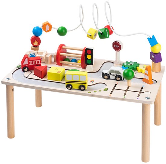 Houten Activity Center Speeltafel - 7-in-1 Educatief Montessori Speelgoed voor Peuters - Fijne Motoriek Training - Verkeer & Auto's Thema - Kralenframe & Vormenstoof - Educatief Activiteitenbord - Kraamcadeau - Baby Busy Board - 12 Maand + van AC