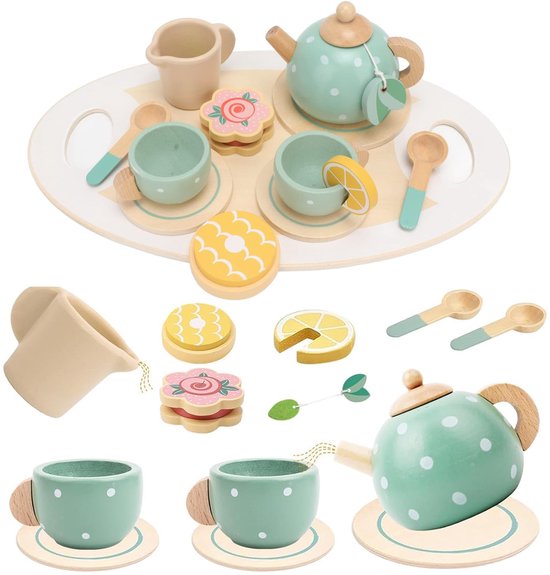 Houten Afternoon-theeset voor Meisjes – Houten Accessoires voor Speelkeukens – Prinses Theeservies – Houten Montessori Speelgoed – Cadeau voor Meisjes en Jongens
