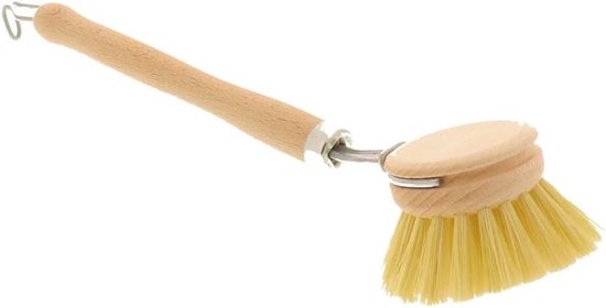 Houten afwasborstel, 23 cm, kleine 4,3 cm borstelkop om te wisselen, goed spoelresultaat door stabiele vezelborstelharen, hittebestendige afwasborstel van beukenhout