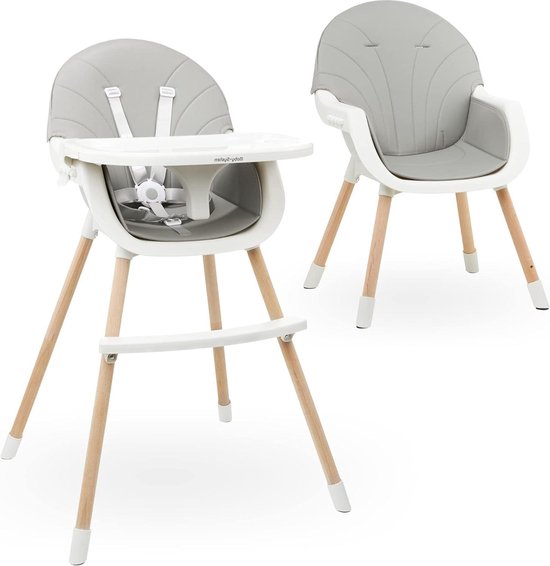 Houten Amelia-voedingsstoel 3-in-1 - Stoel voor kinderen van 6 maanden tot 6 jaar - Met dienblad en voetensteun - Veiligheidsgordels - Grijs van IsyMorph