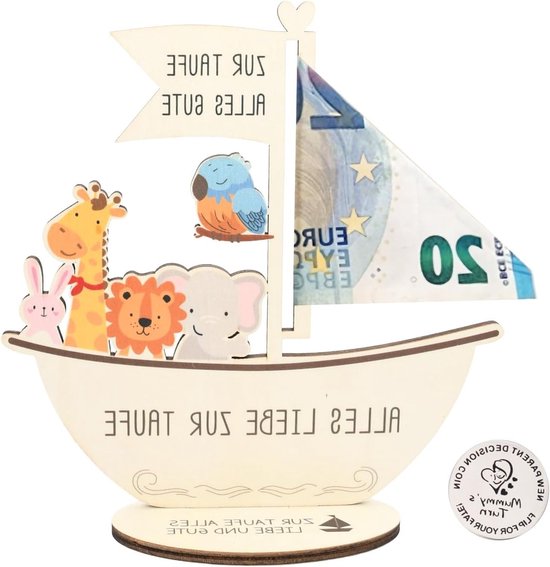 Houten ark met voet en roestvrijstalen munt, uniek doopcadeau voor jongens en meisjes, geldcadeau idee, blijvende herinnering