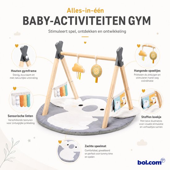 Houten Baby Gym met Speelmat – Babygym Activity Gym – Sensorisch Speelgoed met Hangspeeltjes & Stoffen Boekje – Tummy Time Speelkleed – 0+ Maanden