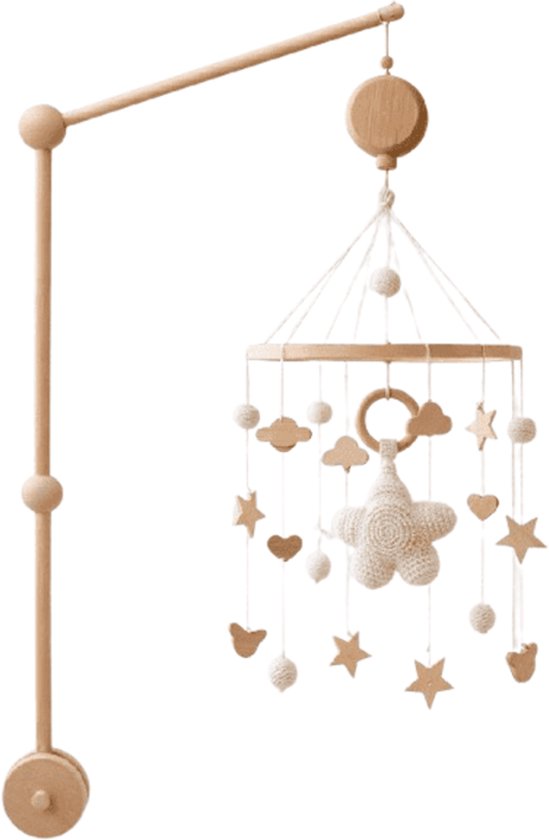 Houten Baby Mobiel Set – Muziekdoos, Wandhouder & houten ring – Natuurlijke Babykamer Decoratie – Boxmobiel – Muziekmobielen van Merkloos