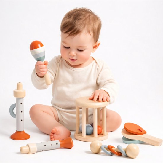 Houten Baby Muziekinstrumenten Set – 5 Stuks – Montessori Speelgoed – 6+ Maanden van Merkloos