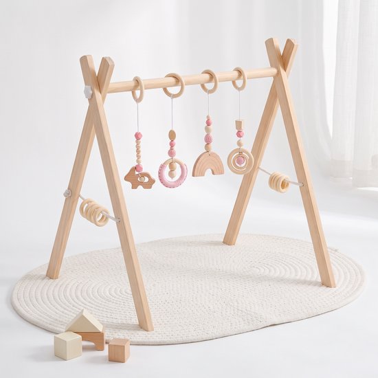 Houten babygym - Grenenhouten speelboog - 4 hangspeeltjes met roze details - 8 houten zijringen - Inklapbaar frame - 58 cm breed - 60 cm hoog - Naturel - Stevige & Veilige Constructie van Hou-Stimuleert motorische vaardigheden-voor Baby van 6 maanden