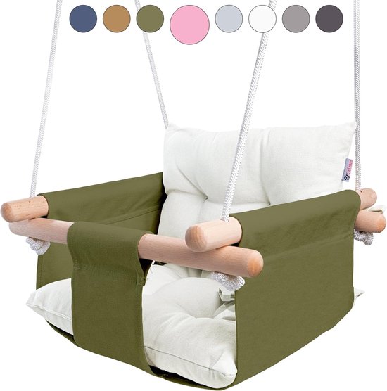 Houten babyschommel binnen, buiten, tuin. Babyschommel met veiligheidsgordel. Babyschommel voor binnen vanaf 12 maanden. Kinderzwaaideur, kamerschommel voor peuters, groen. van Dokon