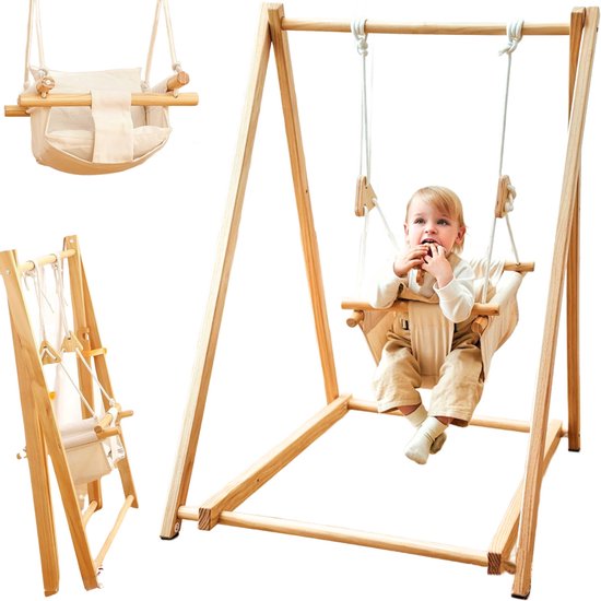 Houten Babyschommel - Met Schommelstoel - Inklapbaar - Baby Swing - Baby - Wipstoel Baby - Baby Zitje - Dennenhout - Houten Speelgoed van Merkloos