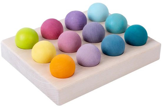 Houten ballen en sorteerplank - Pastelkleuren - 12 ballen - Open einde speelgoed - Educatief montessori speelgoed - Grapat en Grimms style Pastel ballen in sorteerplank van Merkloos