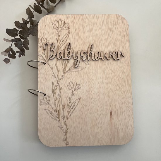 Houten bewaarbundel - Babyshower bundel met bloem - Kaarten bewaarboek - Herinneringenmap - Herinneringen - Map - Kraamcadeau - Bewaarboek - Memories - Gepersonaliseerd - Gegraveerd van Houten