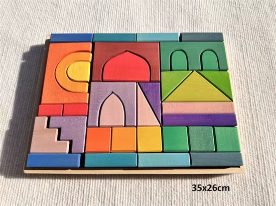 Houten blokken in tray - Regenboogkleuren - 35 blokken, 1 tray - 35 cm x 26 cm - Open einde speelgoed - Educatief montessori speelgoed - Grapat en Grimms style