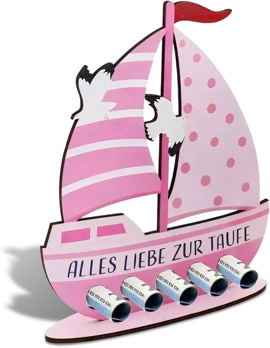 Houten boot als doopcadeau voor meisjes, roze, 19 x 16 cm, uniek doopgeschenk, persoonlijk cadeau, geldcadeau voor doop