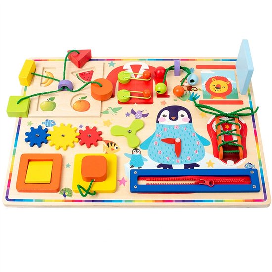 Houten Busy Board voor peuters, Montessori sensorisch speelgoed, leeractiviteiten voor kleuters ter bevordering van de fijne motoriek, reisspeelgoed, educatief cadeau voor jongens en meisjes van 1, 2 en 3 jaar met aandacht voor basisvaardigheden