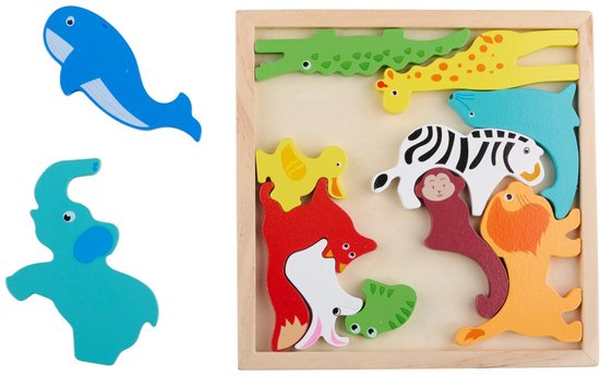 Houten Dierenpuzzel met Puzzelbord - 12 Stuks - Kinderpuzzel met Dieren Figuren - Houten Puzzel Speelgoed voor Kinderen - Animal Puzzle met Houten Frame van Merkloos