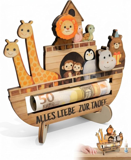 Houten doopgeschenken voor jongens en meisjes, duurzaam geldcadeau met doopkaart en envelop, perfect voor emotionele rituelen en blijvende herinneringen