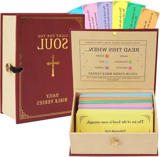 Houten doos met 150 kleurgecodeerde Bijbelverzen voor 6 emoties, ideaal als christelijk geschenk voor Pasen en andere gelegenheden.