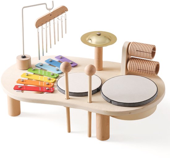 Houten drumset voor kinderen, 7-in-1 Montessori muzikaal speeltje, educatief kinderspeelgoed voor thuis van Merkloos
