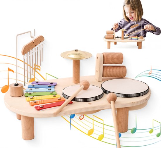 Houten Drumset Voor Peuters (1-3 Jaar), Muzikale Percussie-Instrumenten Voor Kinderen (Drumset En Xylofoon), Educatief Muzikaal Montessori-Speelgoed, Cadeau Voor Meisjes En Jongens Vanaf 3 Jaar.