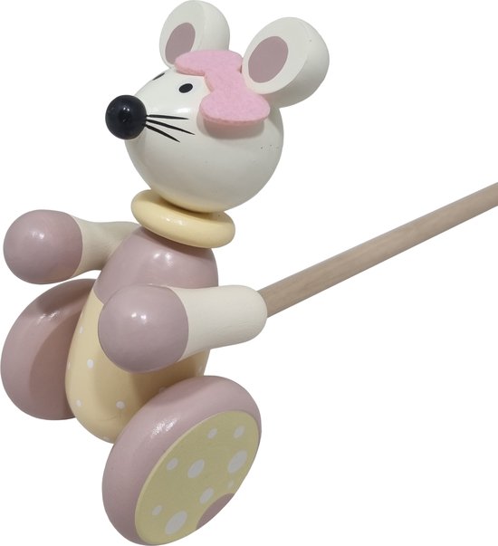 Houten duwstok muis in roze loopstok hout van Little Dutch