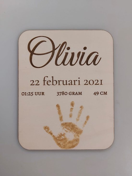 Houten geboorte bordje - handafdruk - kraam cadeau - baby - herinnering voor altijd van Little-Tags