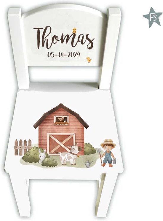 Houten geboortestoeltje farm met naam van Boley