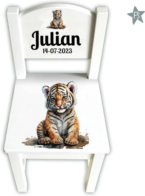 Houten geboortestoeltje met naam en tijgertje Stoeltje met (eigen) naam | geboortestoeltje | kinderstoeltje | gemonteerd | wit stoeltje van hout | kraamcadeau met naam van Simply for kids