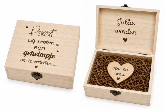 Houten Geheimpje Doosje met Gravure – “Psssst wij hebben een geheimpje” – Cadeau Aankondiging Zwangerschap – Inclusief Houten Hartje Opa en Oma – 17x12x6 cm van Merkloos