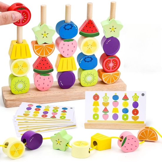 Houten geometrische fruitstapelaars, met stapelspeelgoed, rijgactiviteiten, bouwblokken, motorisch speelgoed (waaronder stapelblokken), sorteerspelletjes en puzzels. Montessori-speelgoed geschikt voor kinderen van 2, 3, 4 en 5 jaar van Merkloos