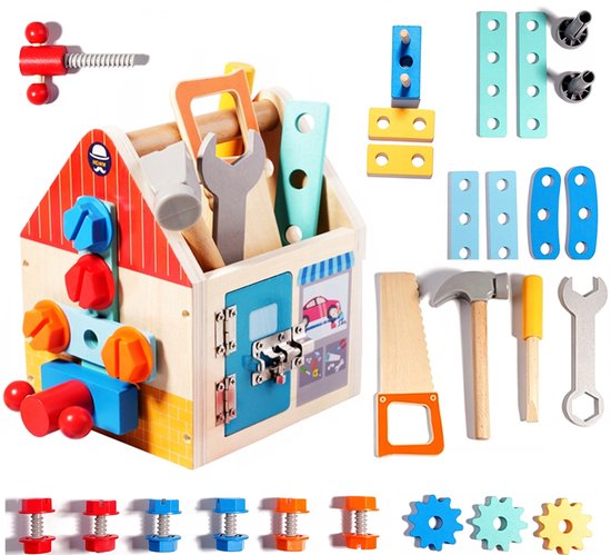 Houten gereedschapskist - Om mee te spelen en schroeven vast te draaien - Speelgoedgereedschapshuis voor fantasiespel - Montessori-speelgoed - Houten speelgoed - Educatief speelgoed voor kinderen - Realistische gereedschapsset