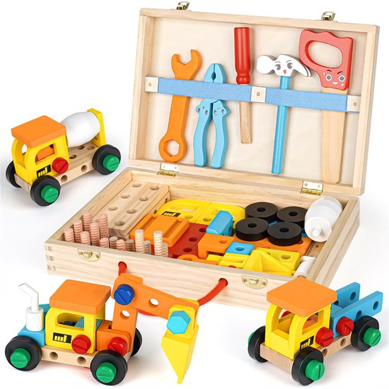 Houten gereedschapskist speelgoed - educatief houten speelgoed voor kinderen - veilig gereedschapsset voor peuters – Montessori speelgoed - rollenspel cadeau – klusset met Hamer, Zaag en moersleutel
