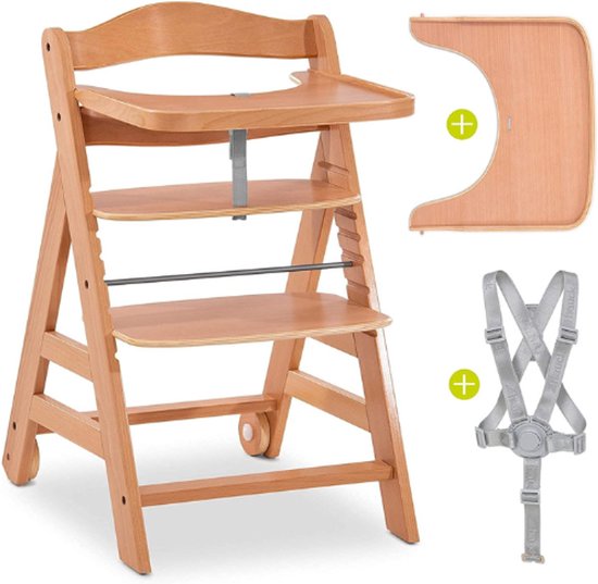 Houten Groeistoel Met Wieltjes - Verstelbare Kinderstoel Met Eetblad - Inclusief 5-Punts Gordel - Belastbaar Tot 90 Kg - Duurzaam Hout Ontwerp van Merkloos