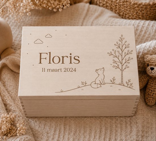 Houten Herinneringskist met Naam - Memory Box Baby - Gepersonaliseerd Kraamcadeau - Bosdieren