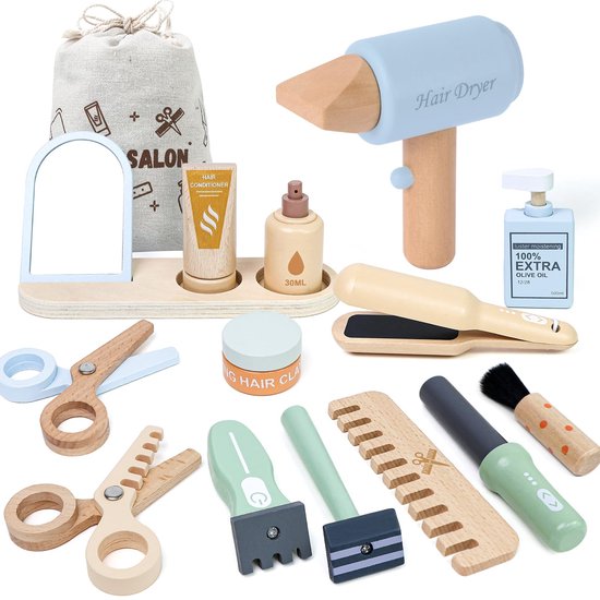 Houten kappersset Voor Kinderen - Kappersspeelgoed Voor Meisjes Met Föhn, Kam en Spiegel - Rollenspel Kapsalon