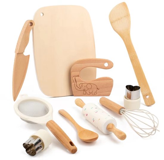 Houten Kindermessen 10-delige Set - Montessori Speelgoed - Kindvriendelijke Messen - Koken met Kinderen - Leren Snijden en Koken voor Kinderen - Keukengereedschap met Snijplank - Uitsteekvormpjes - Educatief Speelgoed