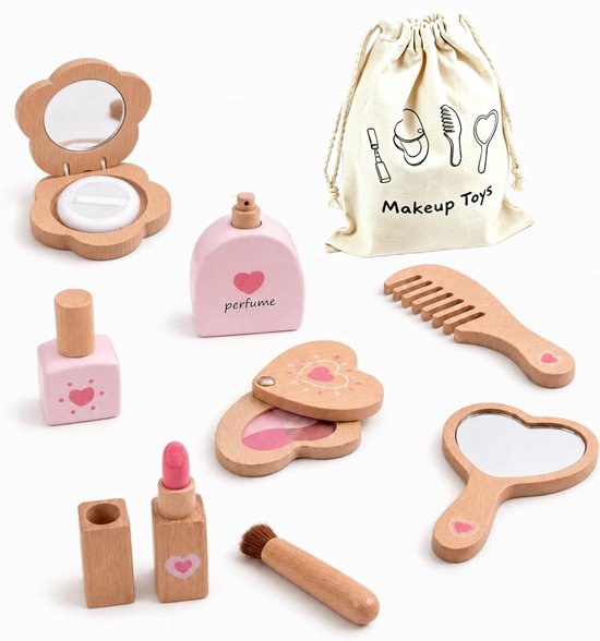 Houten Kinderschmink Set voor Meisjes – Complete Make-up Set met Tas – Rollenspel & Fantasie Speelgoed – Houten Speelgoed voor Meisjes van 3-7 Jaar – Cadeau voor Verjaardag en Kerstmis
