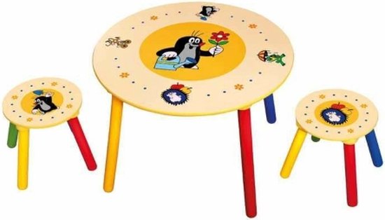 Houten kindertafel met 2 Krukjes met de kleine mol Little Mole kinder tafel met stoeltjes stoel kruk van HOMCOM