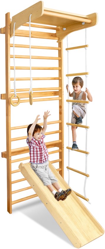 Houten Klimrek voor Kinderen & Volwassenen – 3-in-1 Sprossenwand met Turnringen, Klimladder & Glijplank – Indoor Speeltoestel van Merkloos